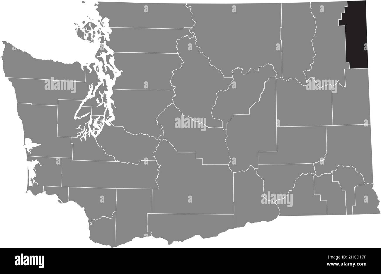 Mappa della località evidenziata in nero della contea di Pend Oreille all'interno della mappa amministrativa grigia dello stato federale di Washington, USA Illustrazione Vettoriale