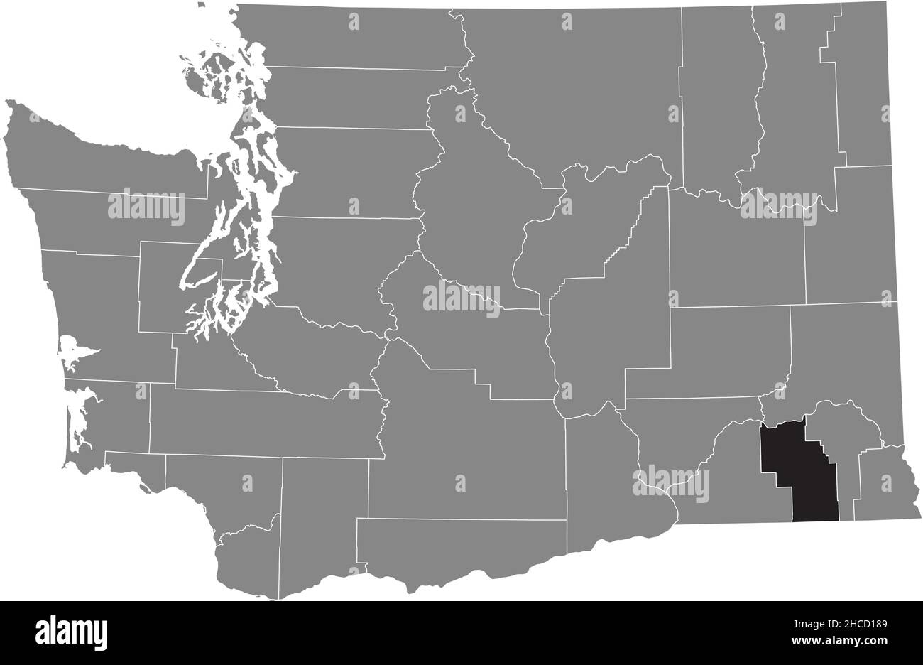 Mappa della posizione evidenziata in nero della contea di Columbia all'interno della mappa amministrativa grigia dello stato federale di Washington, USA Illustrazione Vettoriale