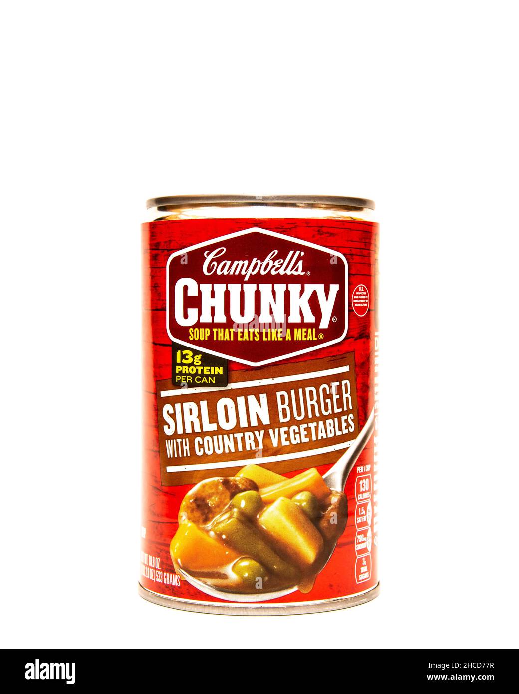 Una lattina di Chunky Sirloin Burger di Campbell con zuppa di verdure country che mangia come un pasto Foto Stock