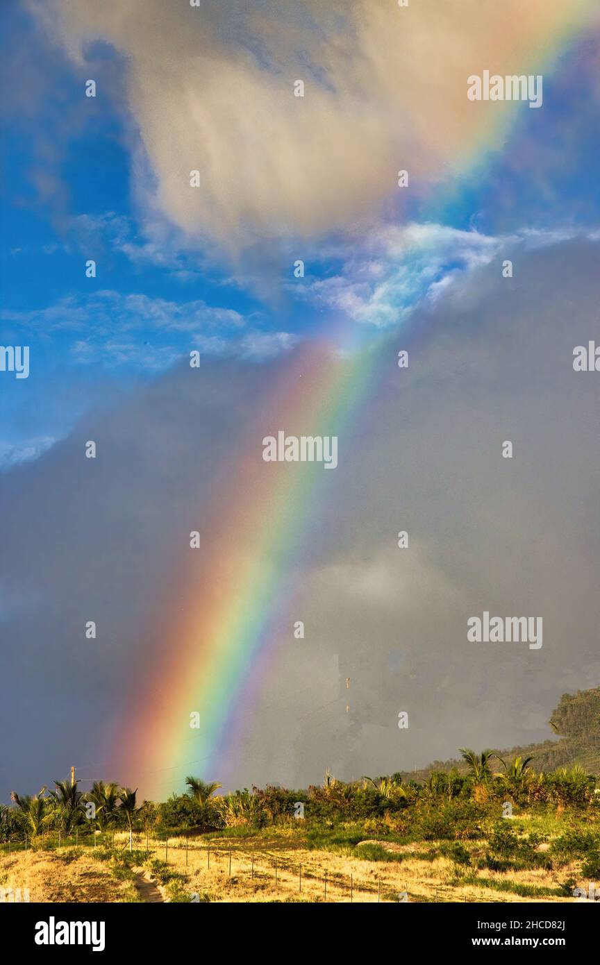 Vertiginoso di un arcobaleno brillante sulle montagne di maui ovest. Foto Stock