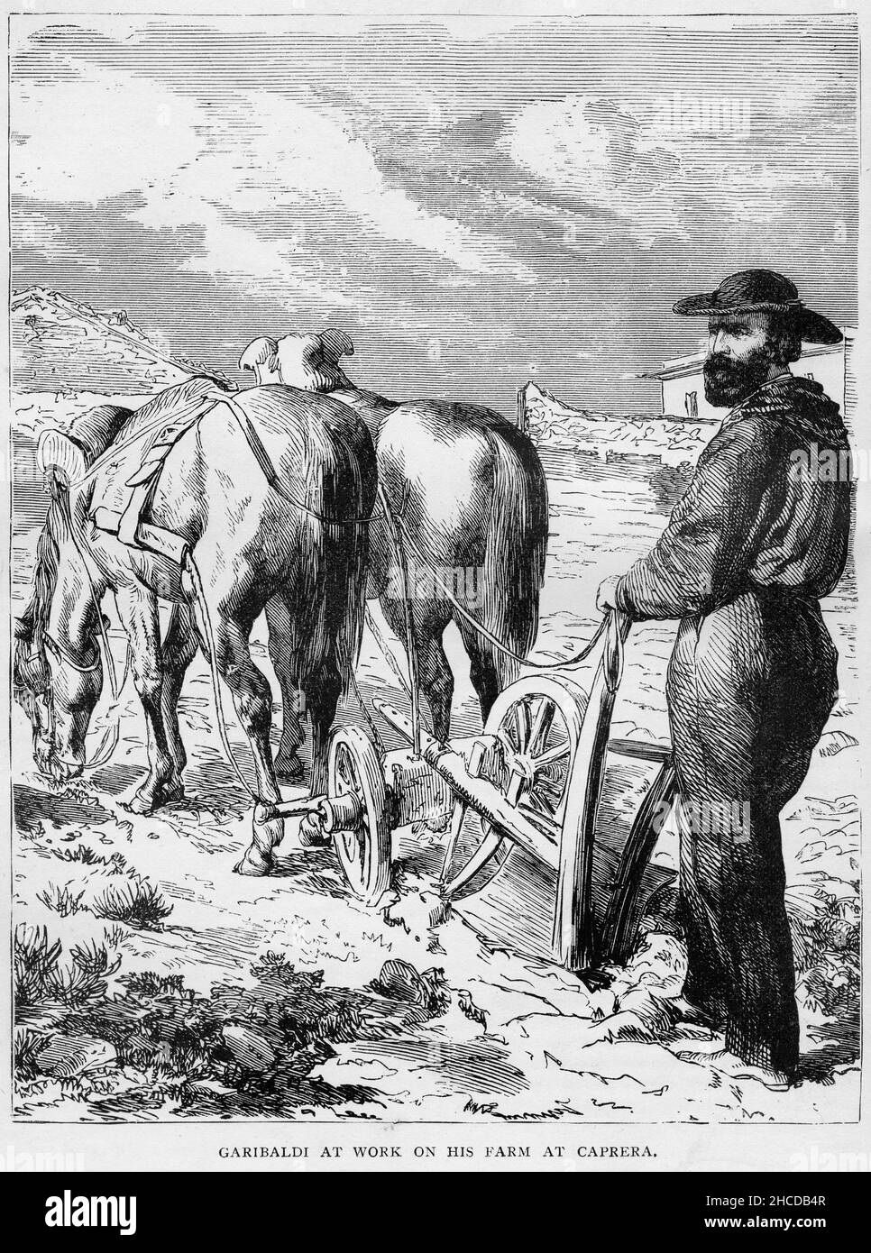 Incisione di Garibaldi al lavoro nella sua fattoria nell'isola di Caprera in Italia. Giuseppe Maria Garibaldi (1807 – 1882) è stato un generale italiano, patriota, rivoluzionario e repubblicano. Contribuì all'unificazione italiana e alla creazione del Regno d'Italia. Foto Stock