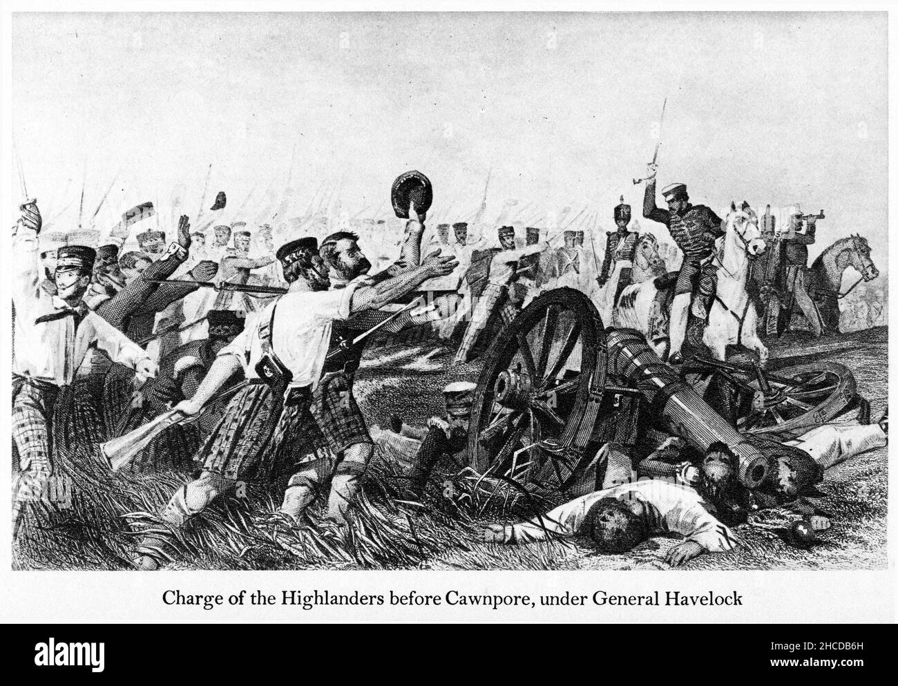 Incisione della Brigata delle Highland carica prima di Cawnpore durante il Seige di Lucknow nel 1857 Foto Stock