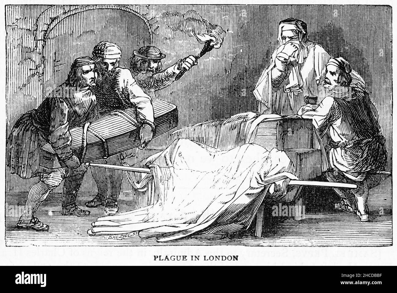 Incisione di persone che prendono via i morti durante la peste bubbonica a Londra, pubblicato circa 1890 Foto Stock