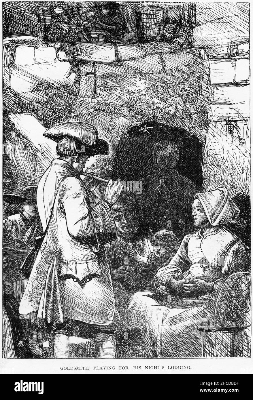 Incisione dello scrittore irlandese Oliver Goldsmith, come studente di medicina in Europa, pagando il suo alloggio giocando il flauto. Foto Stock