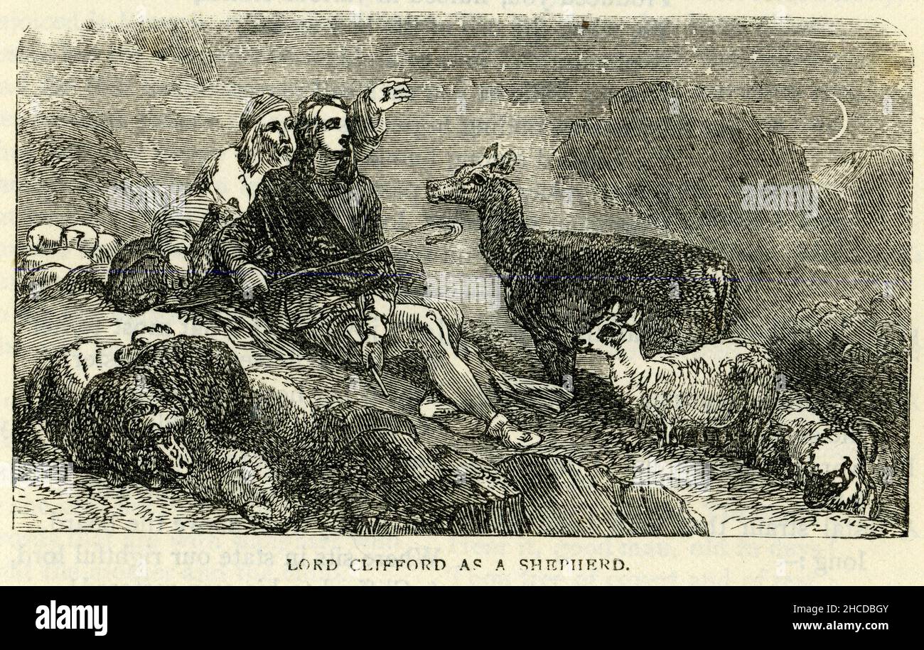 Incisione del “Shepherd Lord”, Henry Clifford, padre del primo conte di Cumberland, pubblicata intorno al 1890. Foto Stock