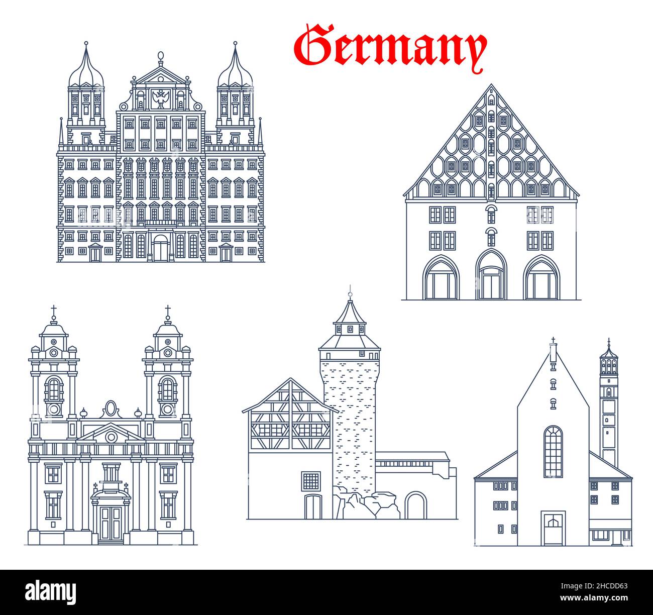 Germania, Norimberga e Augusta edifici architettonici, vettore viaggio monumenti della Baviera. St Egidienkirche di Nurnberg, municipio di Augsburg Rathaus, Illustrazione Vettoriale