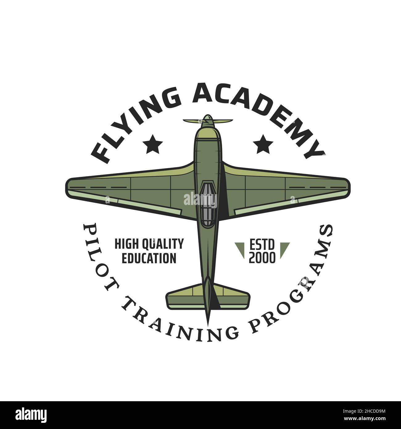 Icona di volo accademia con aeroplano d'epoca dell'esercito. Emblema retrò della scuola pilota, storico aereo volo club centro di formazione programma vettore icona con mi Illustrazione Vettoriale