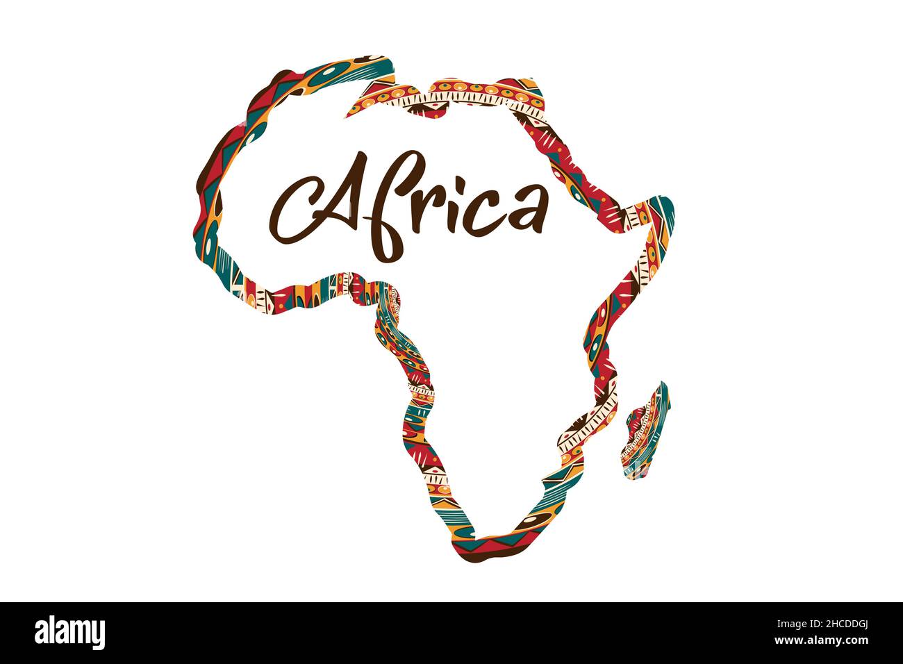 Silhouette della mappa con motivi in Africa. Banner con tradizionale grunge tribale motivo africano, elementi, concept design. Vettore isolato su sfondo bianco Illustrazione Vettoriale