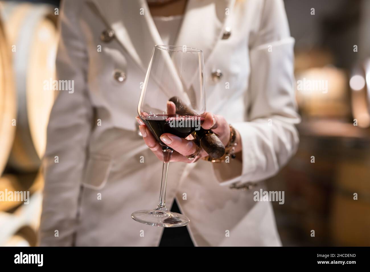 Sezione centrale di una donna caucasica sconosciuta che tiene in mano un bicchiere di vino rosso e un sigaro mentre si alza in piedi al coperto vista frontale copia spazio drink e celebratio Foto Stock