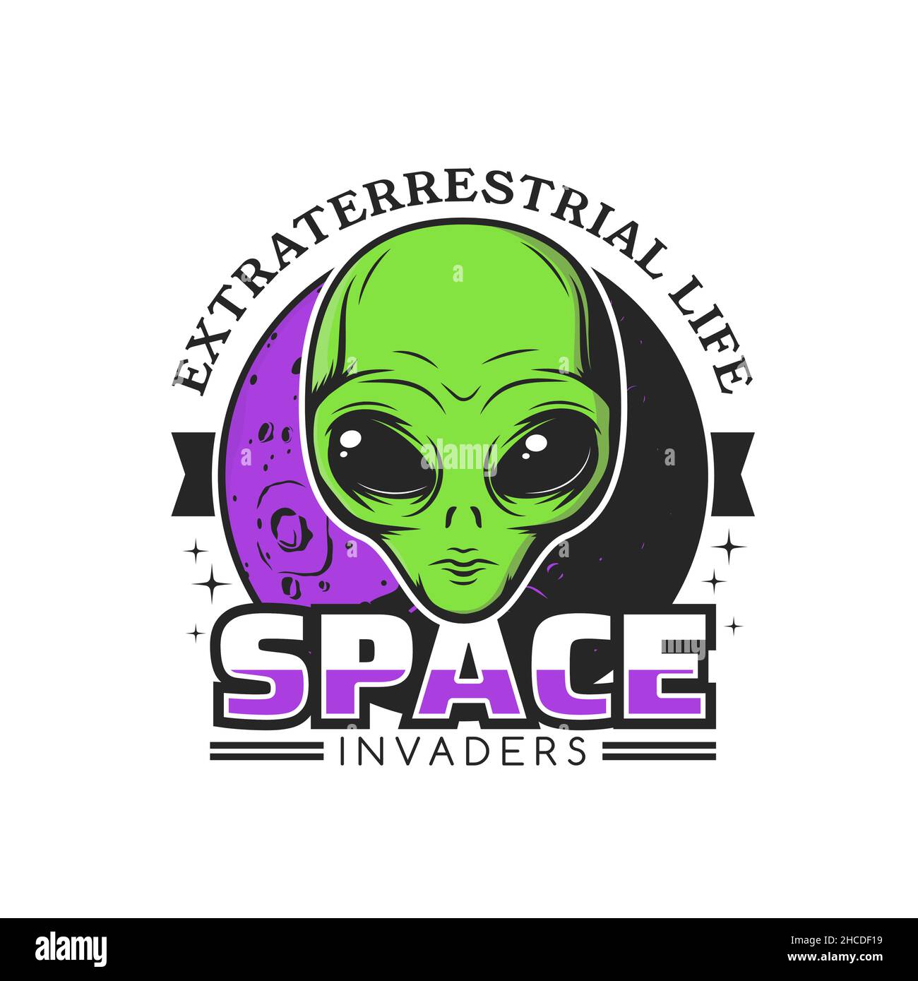 Icona Space Alien invaders. Vita extraterrestre, creatura umanoide galassia fregio vettore retro o adesivo. Alieno con volto verde e occhi grandi, spazio p Illustrazione Vettoriale