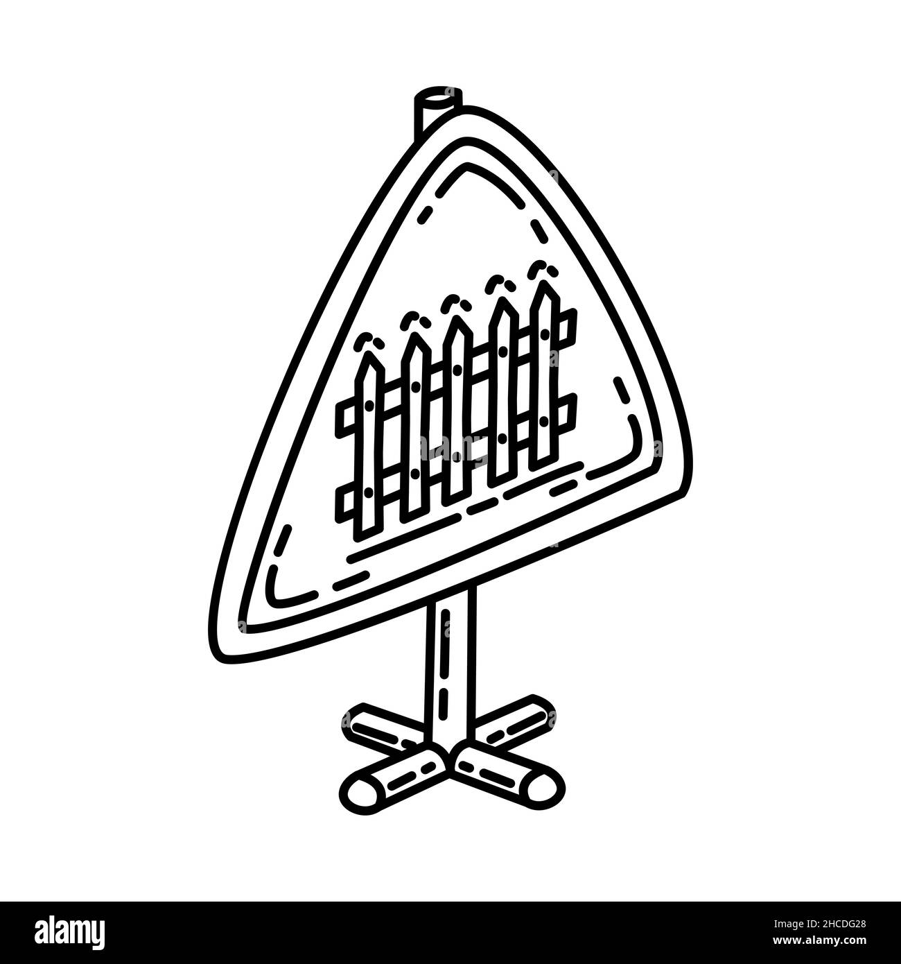 Ferrovia sorvegliata che attraversa la parte di Warning Road Signs disegnata a mano icona set Vector. Illustrazione Vettoriale