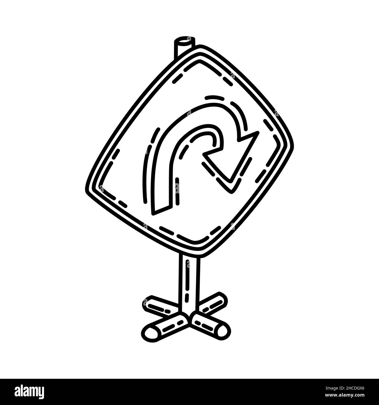 Curva di viraggio parte di avvertimento giallo strada segno disegnato a mano icona Set Vector. Illustrazione Vettoriale