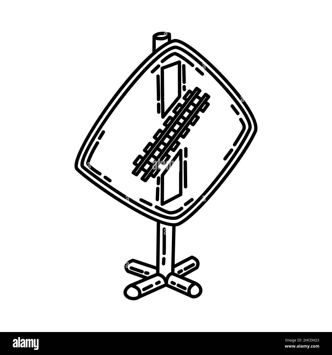 Ferrovia obliqua che attraversa parte di avvertimento giallo strada segno disegnata a mano icona Set vettore. Illustrazione Vettoriale