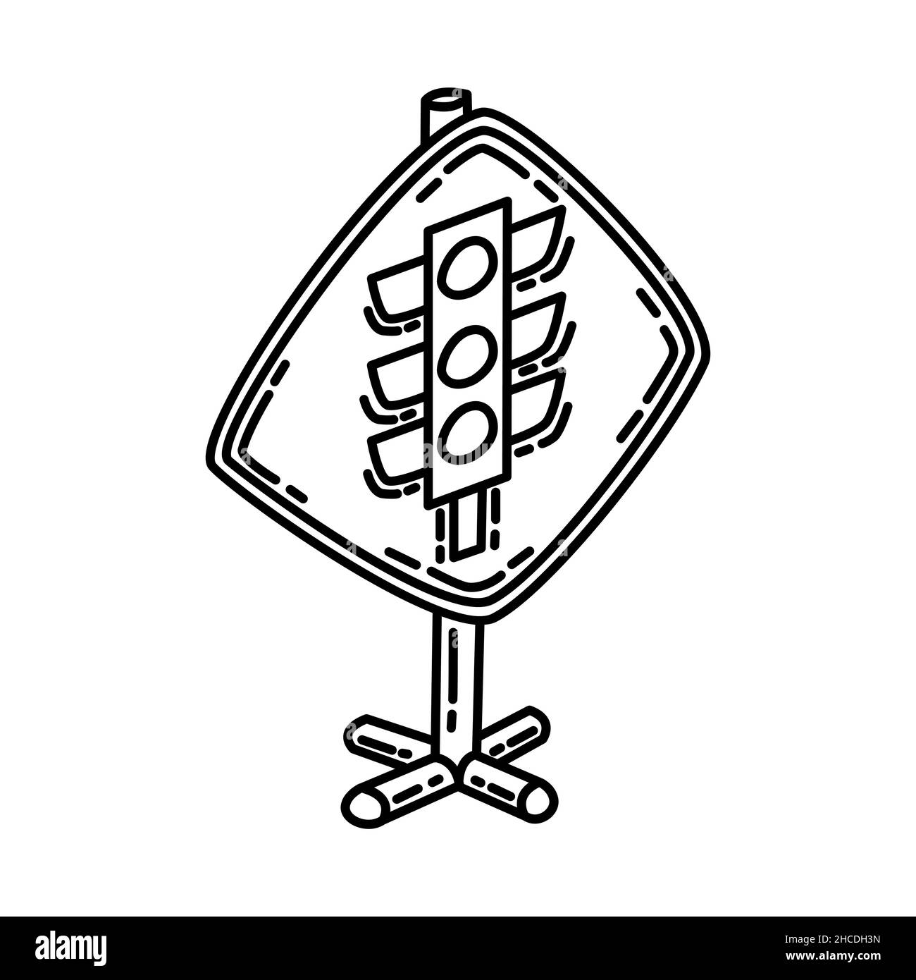 Semaforo parte di avvertimento giallo segnaletica stradale disegnata a mano icona Set Vector. Illustrazione Vettoriale