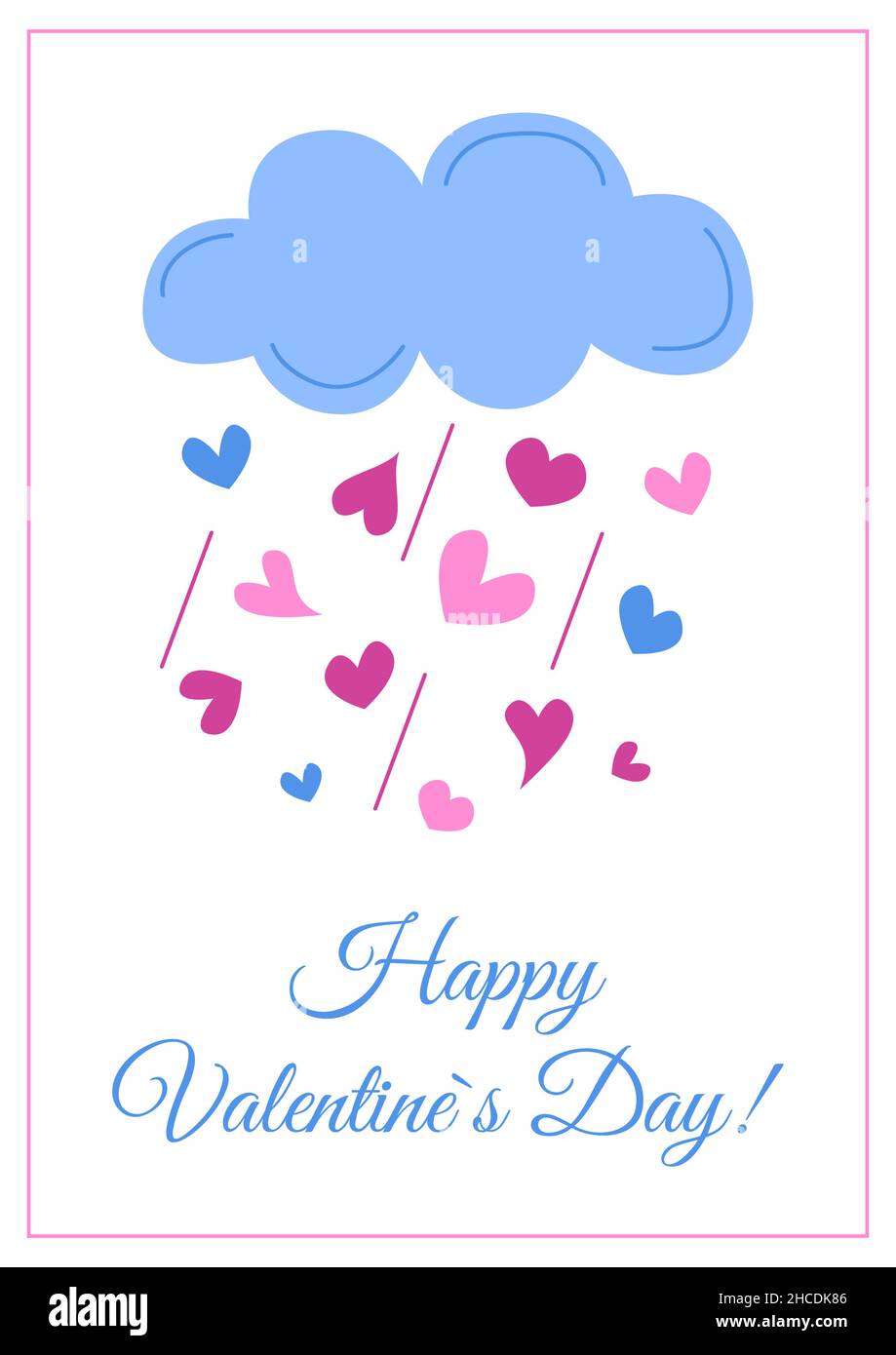 Buon San Valentino biglietto d'auguri isolato. Ama la nube carina e i cuori piovono. Colori rosa e blu. Illustrazione piatta vettoriale. Illustrazione Vettoriale