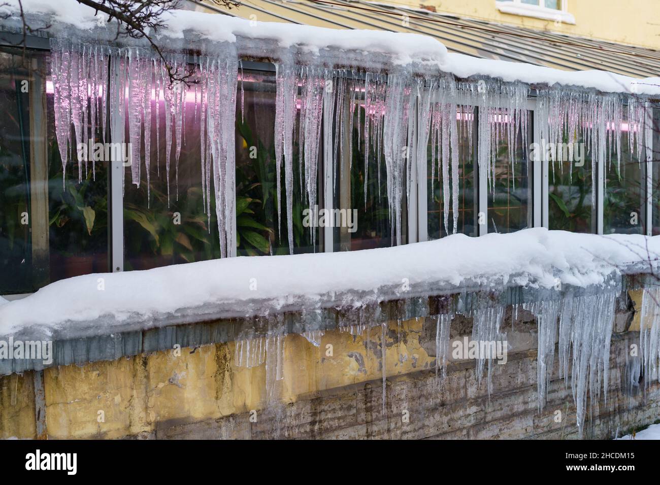 Vecchio edificio serra con ghiaccioli appesi sul tetto durante i cicli di congelamento e scongelamento in inverno Foto Stock