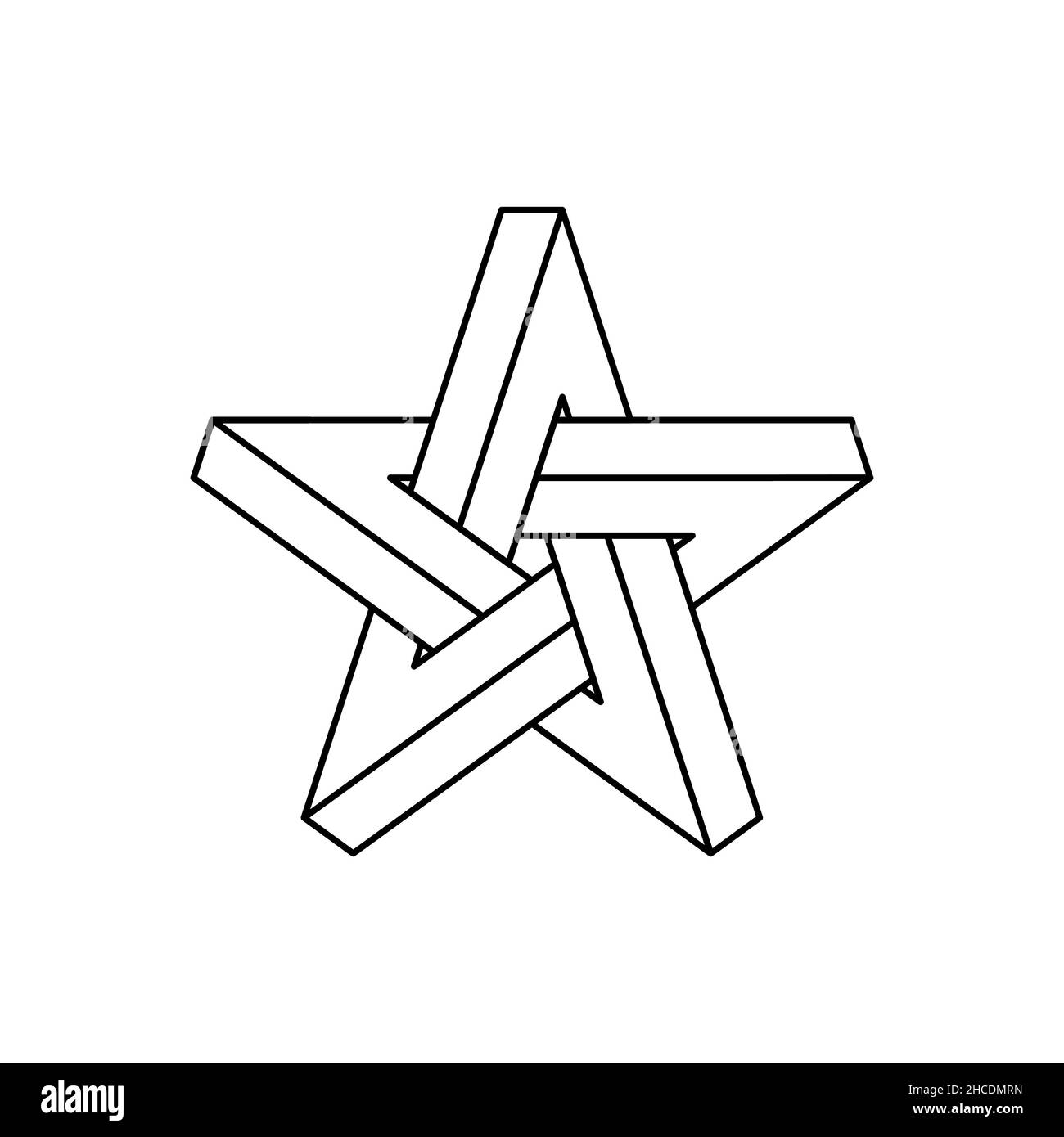 Contorno stella impossibile. Forma geometrica dell'illusione ottica. Pentagramma di forma impossibile su sfondo bianco. Segno a stella a cinque punte. Simbolo astratto. Illustrazione Vettoriale