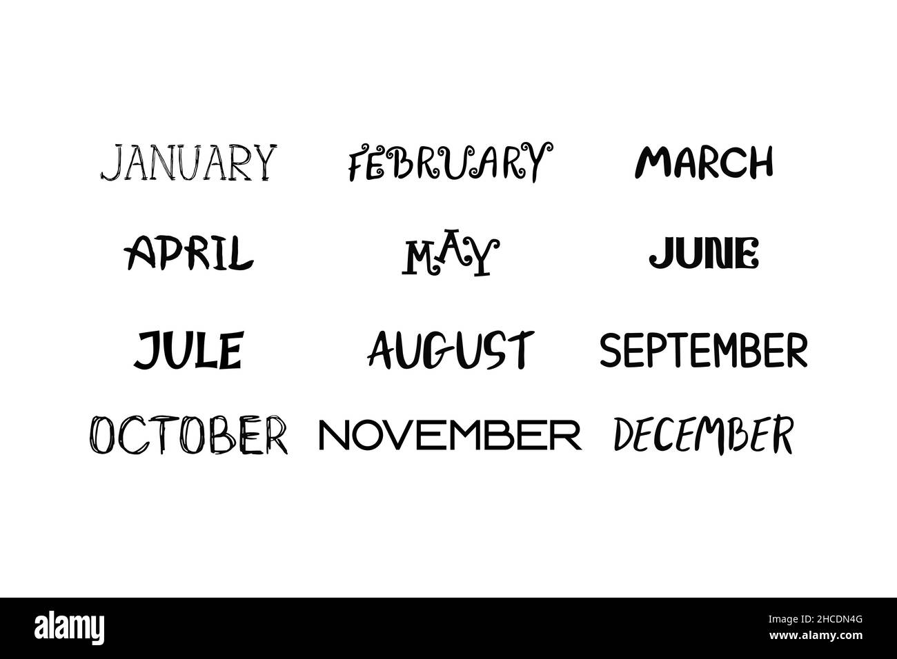 Set di icone scritte in inglese testi 12 mesi dell'anno per calendario, pianificatore, diario, biglietto di auguri. Nero su bianco. Illustrazione Vettoriale