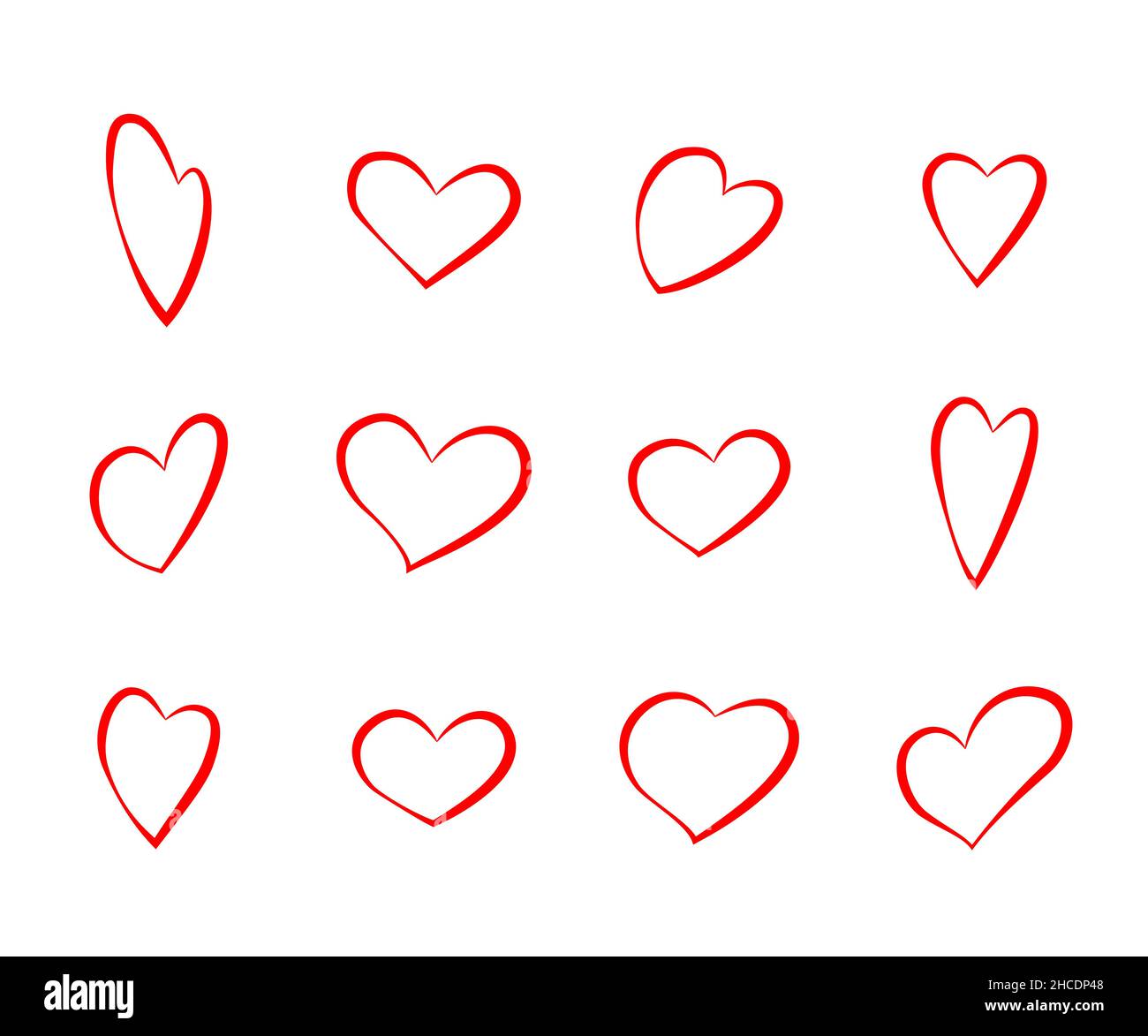 Set di schizzi disegnati con contorno del cuore rosso. Collezione di icone d'amore illustrazione vettoriale. Linee dipinte con pennello e vernice su sfondo bianco. San Valentino ho Illustrazione Vettoriale