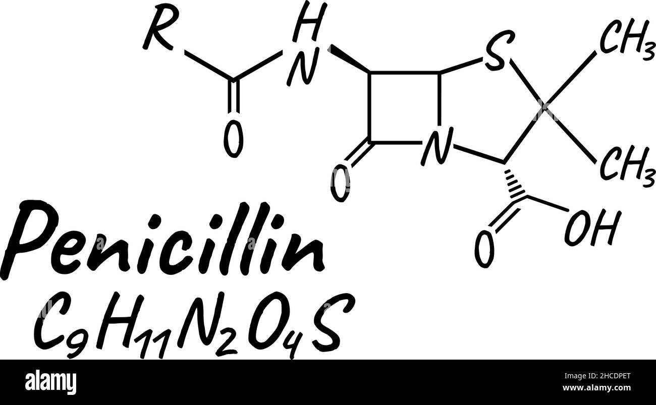 Penicillina antibiotico formula chimica e composizione, concetto di farmaco medico strutturale, isolato su sfondo bianco, illustrazione vettoriale. Antibacter Illustrazione Vettoriale