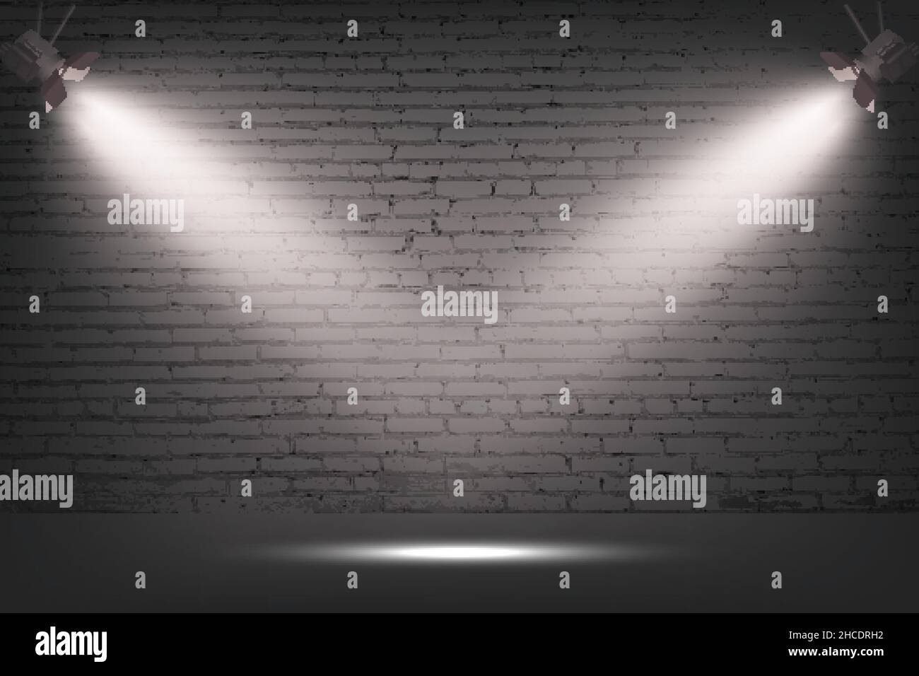 Parete in mattoni grigi con faretto, sfondo in pietra. Luce proveniente da due lampade su illustrazione vettoriale della struttura in calcestruzzo. Streetlight o palcoscenico per lo spettacolo in exhib Illustrazione Vettoriale