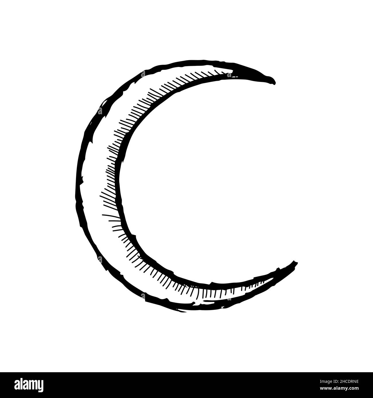 Icona di disegno a mezzaluna. Simbolo della luna disegnato a mano. Vignettatura eps vettoriale schizzo di un simbolo astronomico isolato Illustrazione Vettoriale