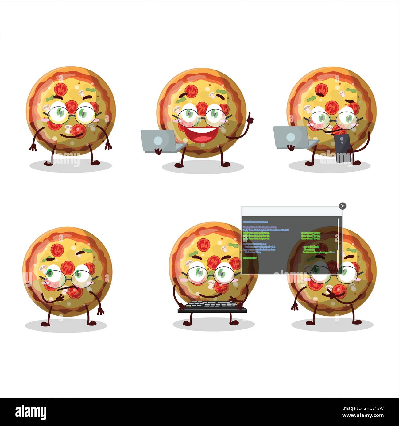 Pizza Gummy caramella Programmer simpatico personaggio cartoon con. Illustrazione vettoriale Illustrazione Vettoriale