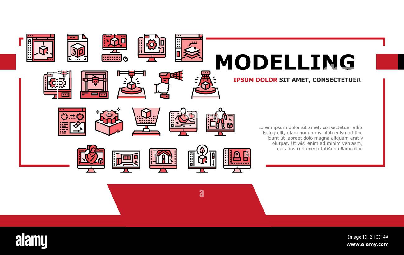 3D modellazione di software e dispositivo Landing Header Vector Illustrazione Vettoriale