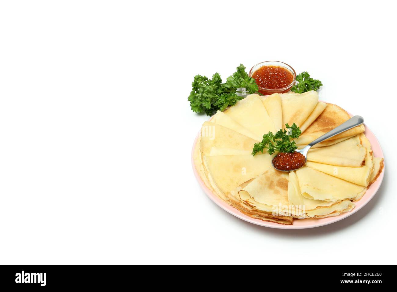 Concetto di cibo gustoso con crepes isolato su sfondo bianco Foto Stock