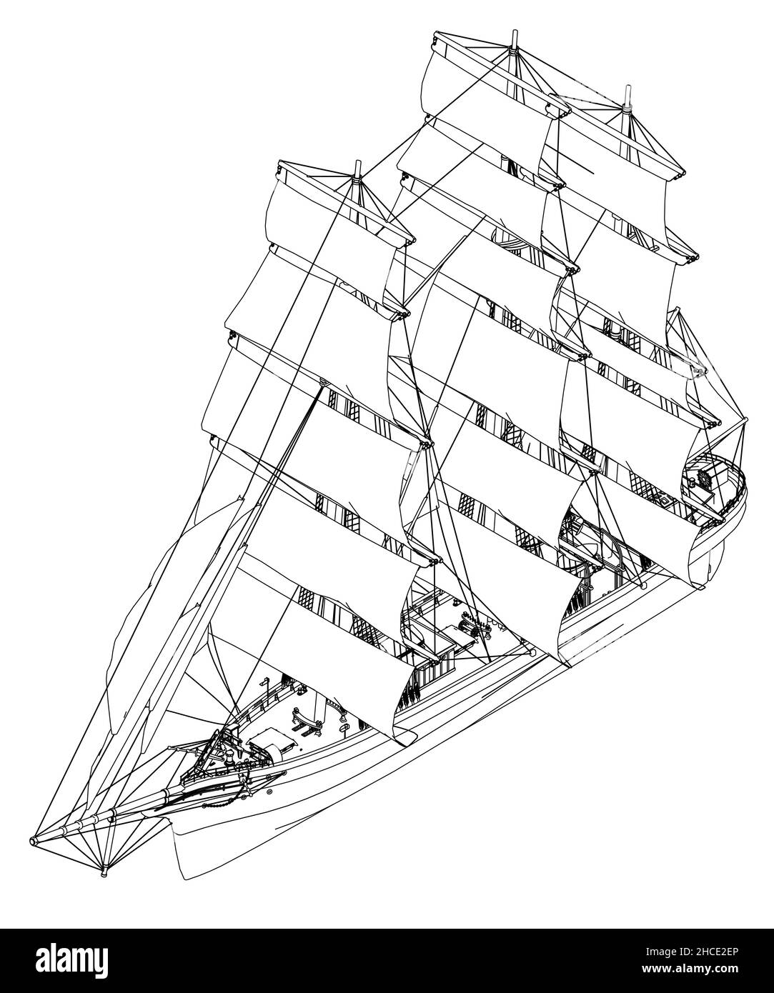 Contorno di una nave da vela da linee nere isolate su sfondo bianco. Vista isometrica. Illustrazione vettoriale. Illustrazione Vettoriale