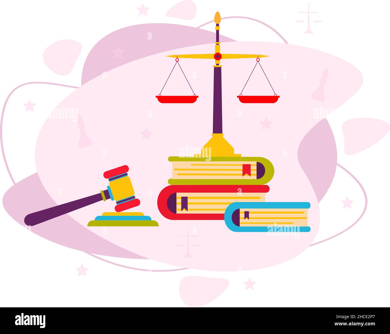 Il concetto di diritto e giustizia giudiziaria martellano libri e scale. Illustrazione Vettoriale