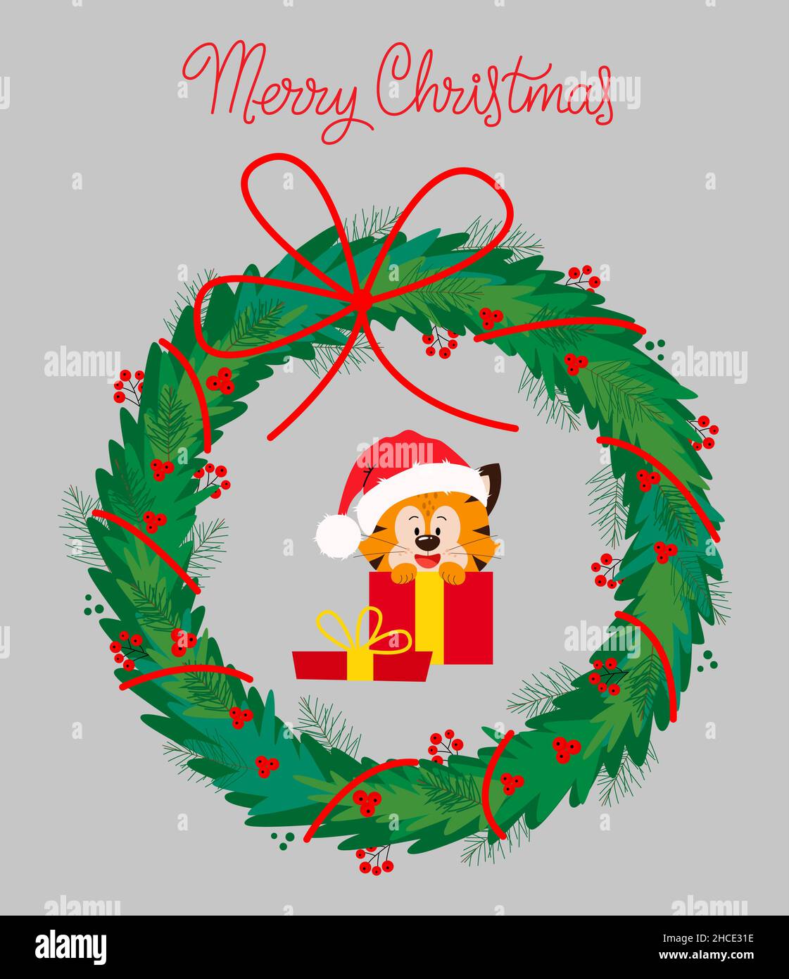 Carino fumetto Tiger in un cappello. Biglietto di Natale. Illustrazione Vettoriale