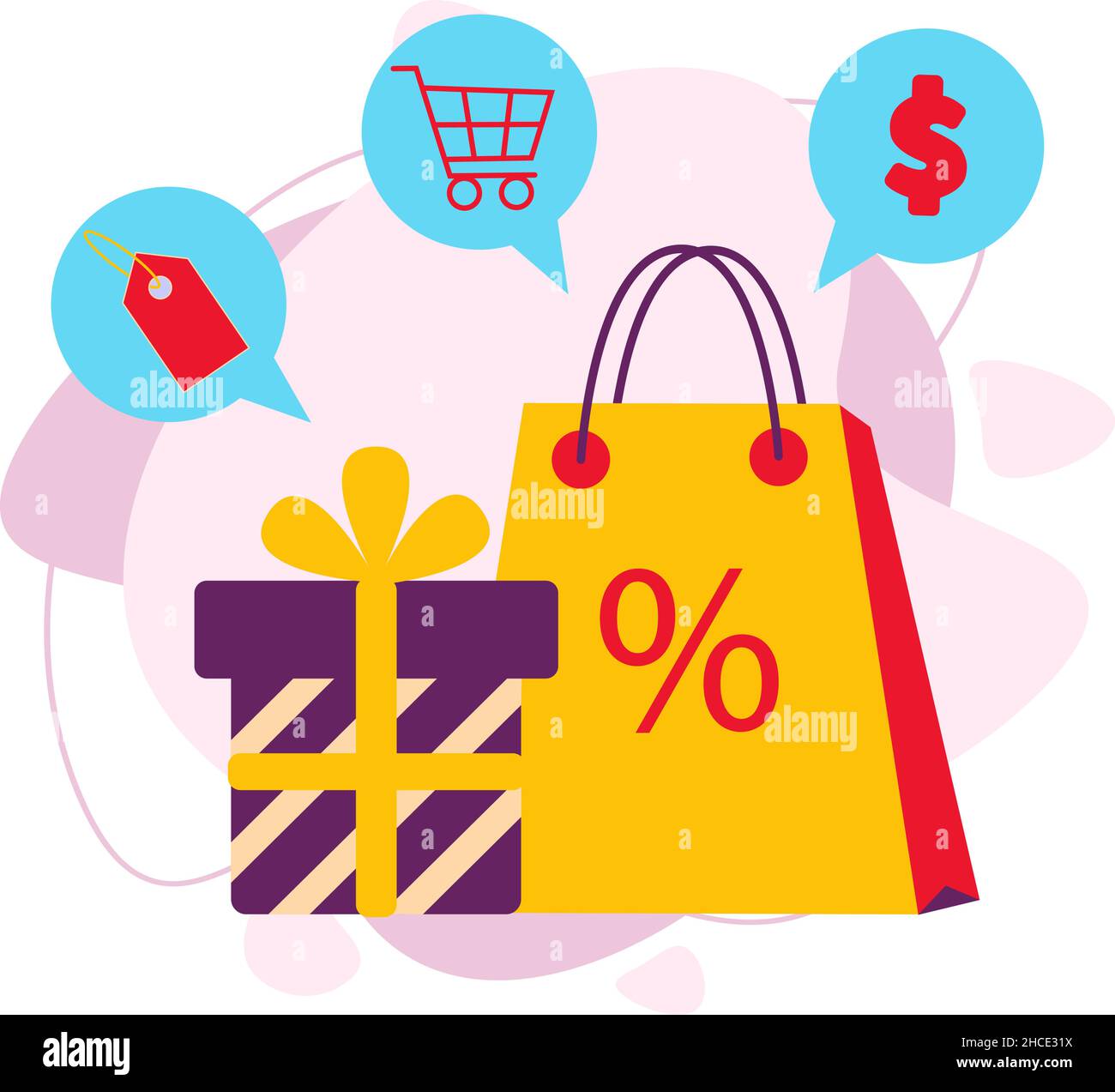 Shopping, sconti, regali. Messaggi relativi all'inizio della vendita. Illustrazione Vettoriale