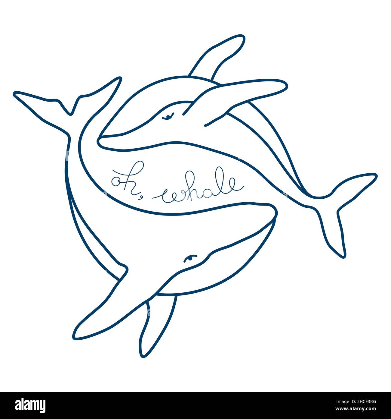 Whales humpback e lettere disegnate a mano frase minimalista semplice contorno vettore logo illustrazione. Disegno di balena a contorno isolato su sfondo bianco Illustrazione Vettoriale