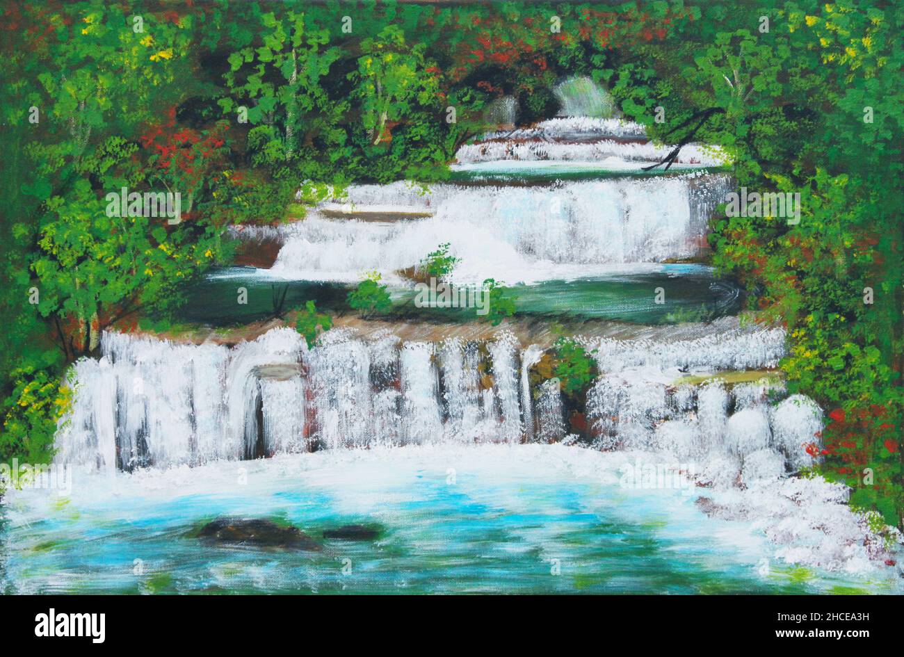 Dipinto ad olio su tela di bella cascata multilivello in Thailandia chiamato Sai Yok Cascate, immerso nella foresta tra gli alberi Foto Stock