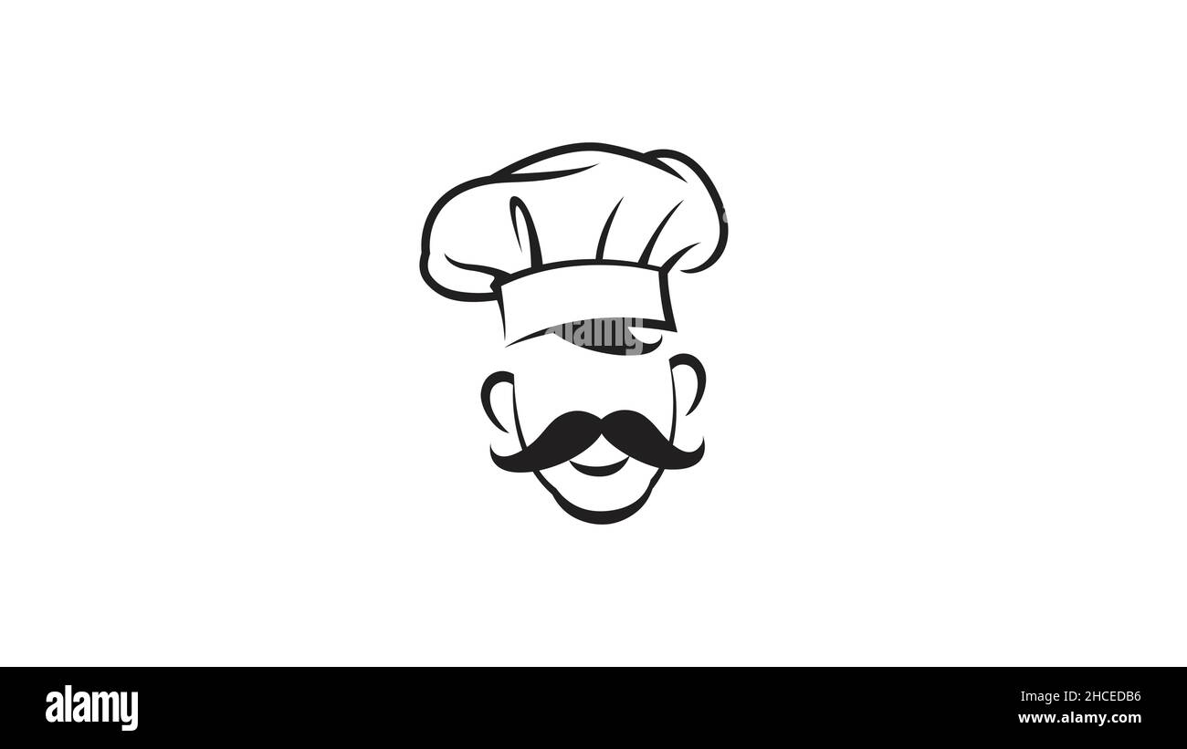 Chef Head Moustache Hat Cartoon Lines Drawing Logo Vector Design Illustration Illustrazione Vettoriale