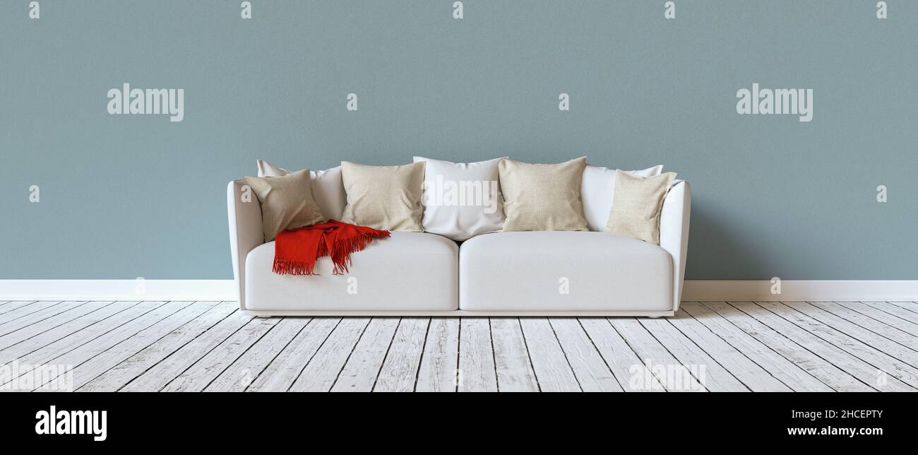 Divano su una parete blu in soggiorno con spazio per tela, dimensione banner, copyspace per il tuo testo individuale. Foto Stock