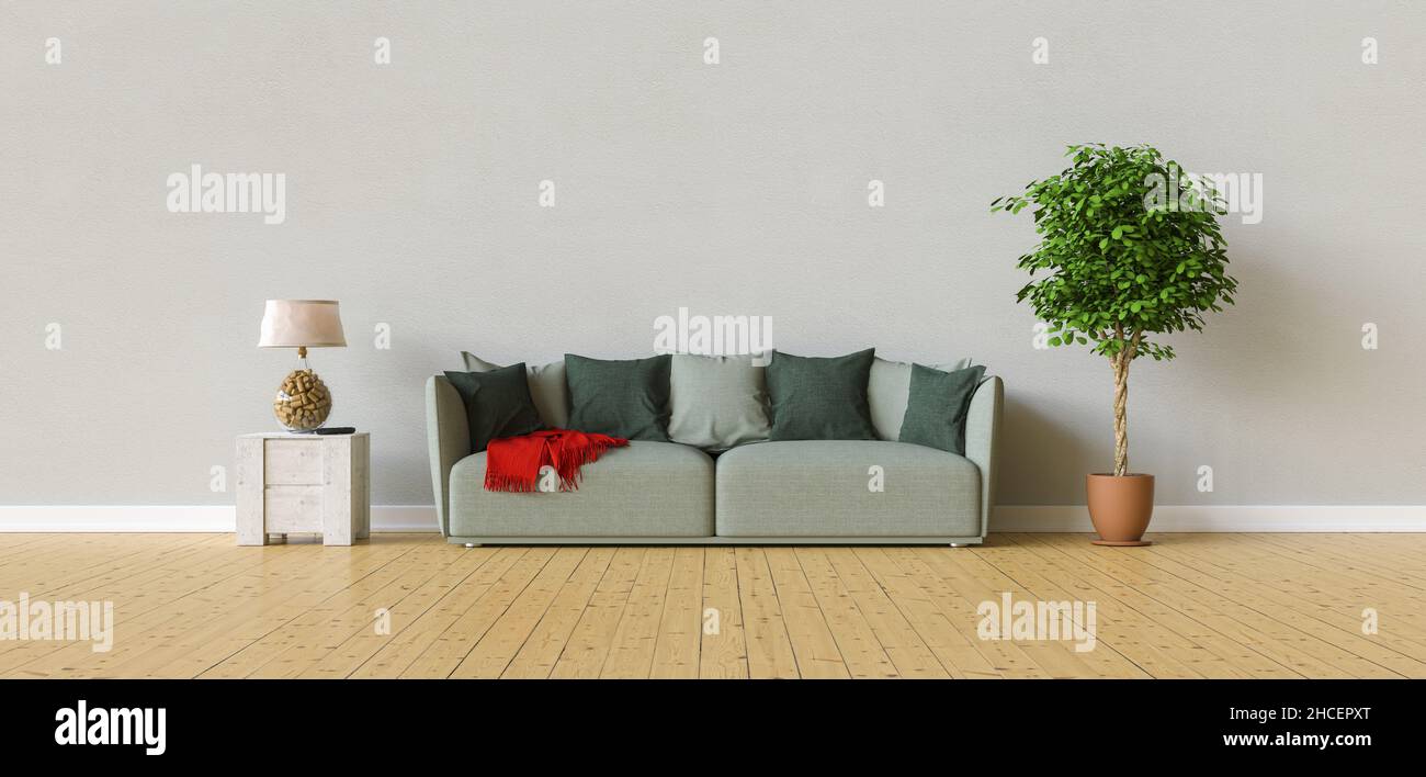 Divano in soggiorno su una parete grigia con spazio copia sulla parete per quadri Foto Stock