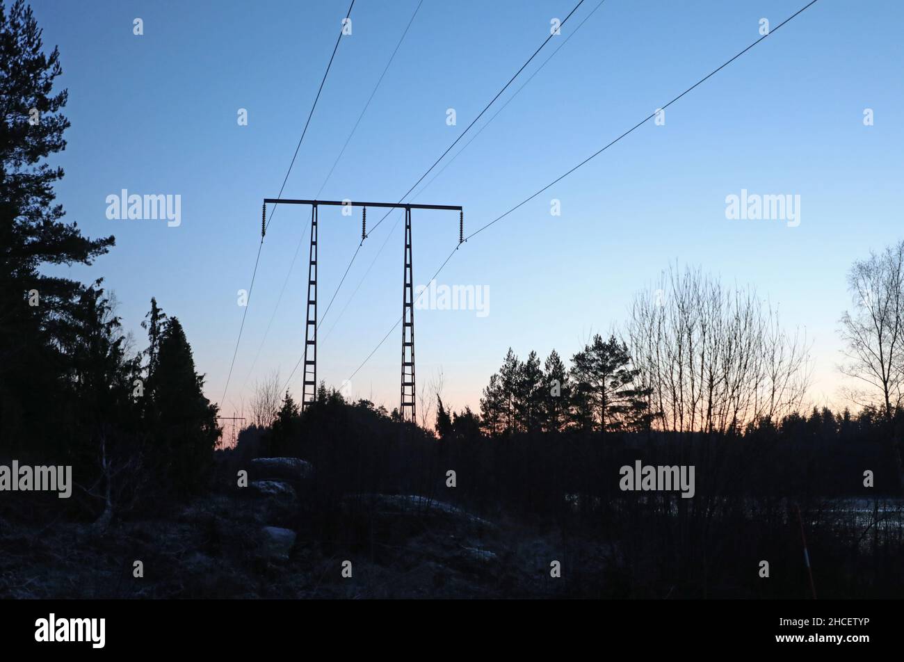 Lunedì i prezzi dell'energia elettrica in Svezia raggiungeranno i massimi record. Tre fattori che creano un prezzo record: Il freddo, gli alti prezzi dell'elettricità nel continente e la glassa in molti grandi fiumi. Nel sud, i prezzi raggiungeranno 4 SEK / kWh e nel nord atterreranno ad un massimo di 3,6 SEK / kWh. L'immagine mostra le linee elettriche nella campagna appena a sud di Godegård, Svezia. Foto Stock