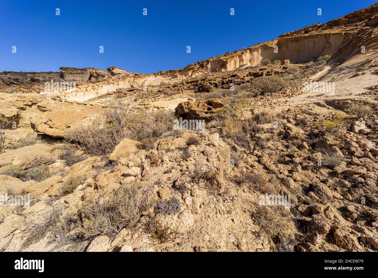 La zona di pietra pomice erosa del vento conosciuta come il monumento naturale di Los Derriscaderos in Granadilla, Tenerife, Isole Canarie, Spagna Foto Stock