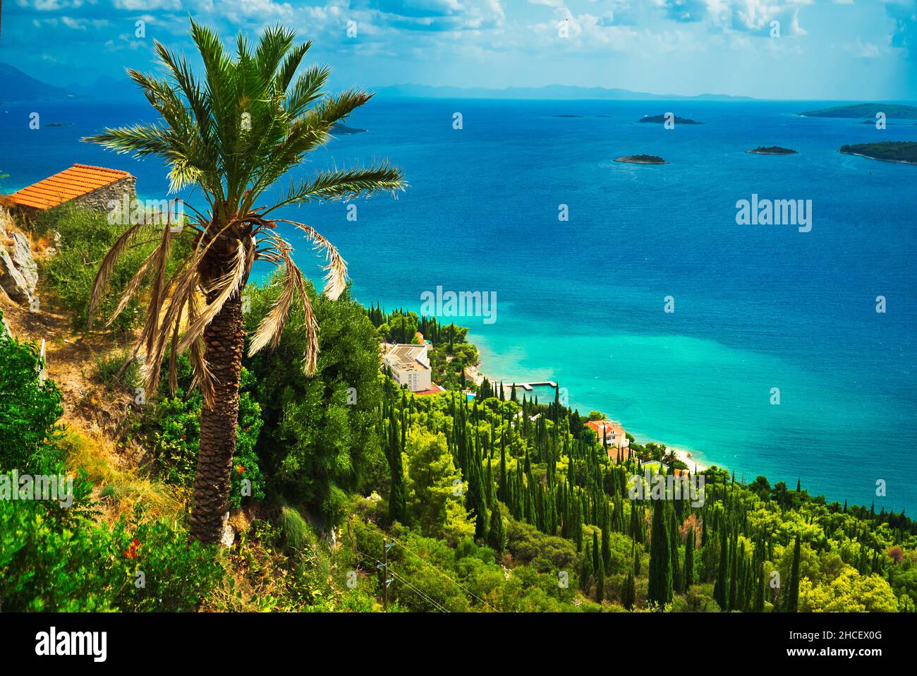 Vista costiera che include una palma, foglie verdi e un oceano limpido con piccole isole in esso Foto Stock