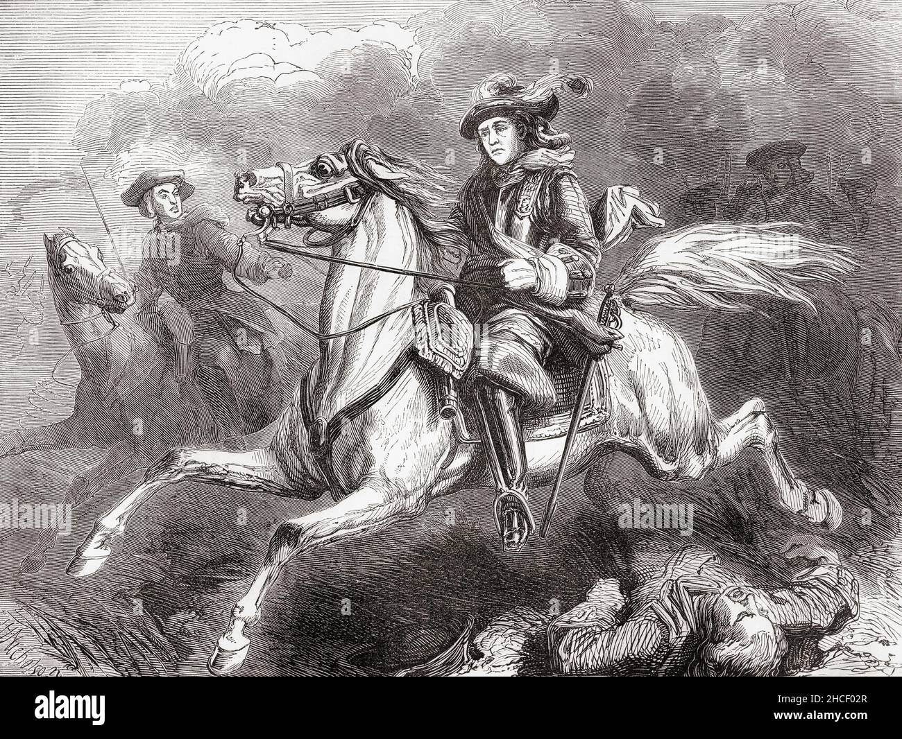 Giorgio II nella Battaglia di Dettingen, 1743, fu l'ultima volta che un re britannico condusse le truppe in battaglia. Giorgio II, 1683O – 1760. Re di Gran Bretagna e Irlanda, duca di Brunswick-Lüneburg (Hannover) e principe-elettore del Sacro Romano Impero. Dalla storia illustrata dell'Inghilterra di Cassell, pubblicato c.1890. Foto Stock