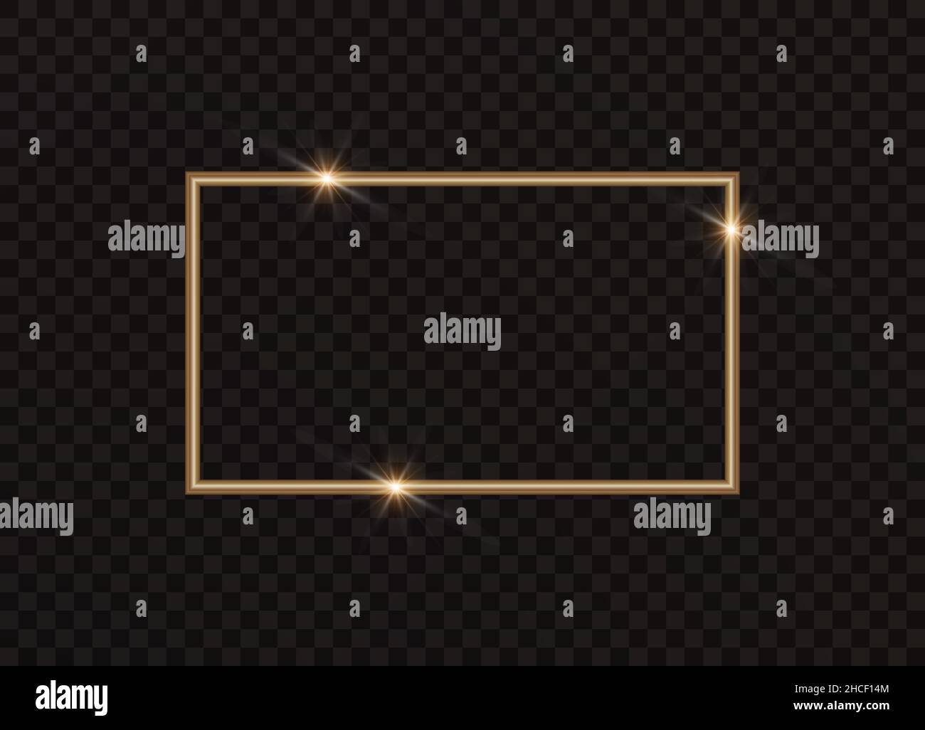 Cornice rettangolare in oro con effetti luminosi. Illustrazione vettoriale. Illustrazione Vettoriale