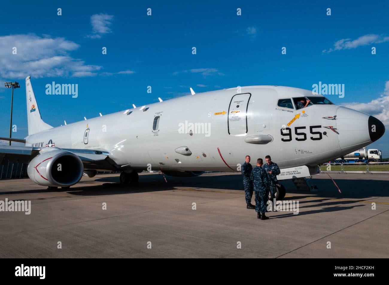 US Navy Boeing P-8 Poseidon velivolo militare sviluppato per la Marina degli Stati Uniti come velivolo marittimo multi missione, al RAF Waddington Airshow Foto Stock