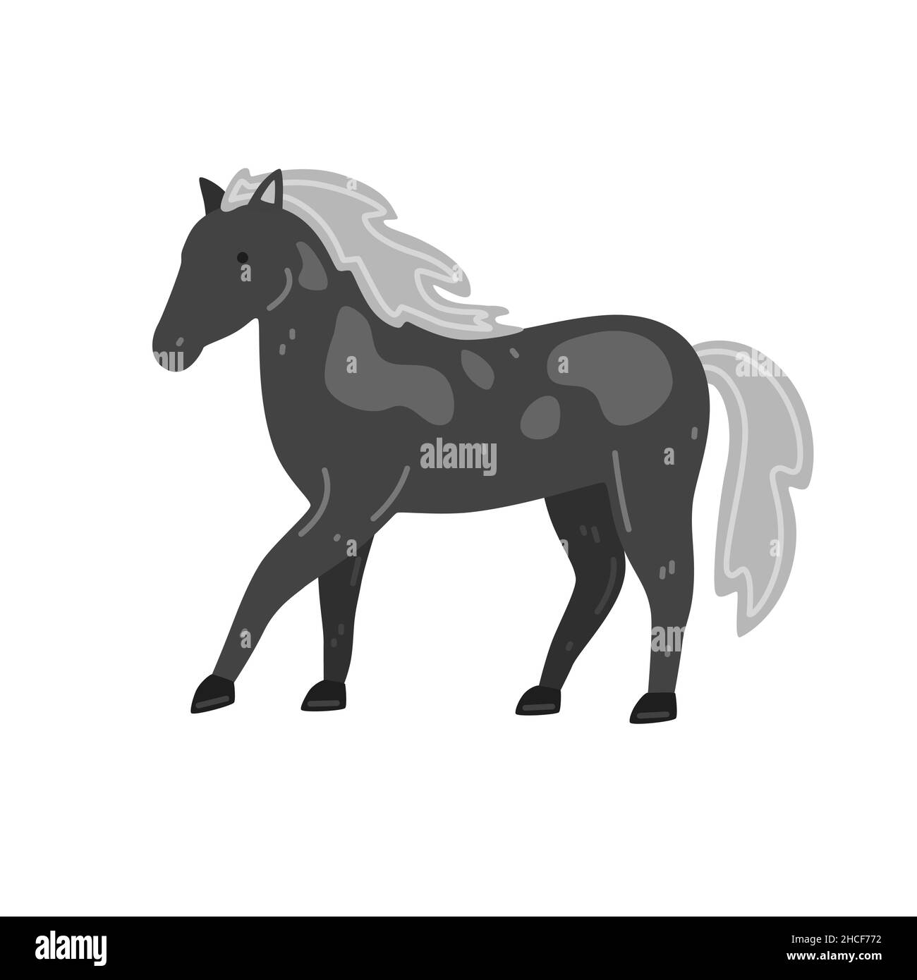 Carino cavallo grigio spotted in stile cartone animato. Illustrazione piatta vettoriale Illustrazione Vettoriale