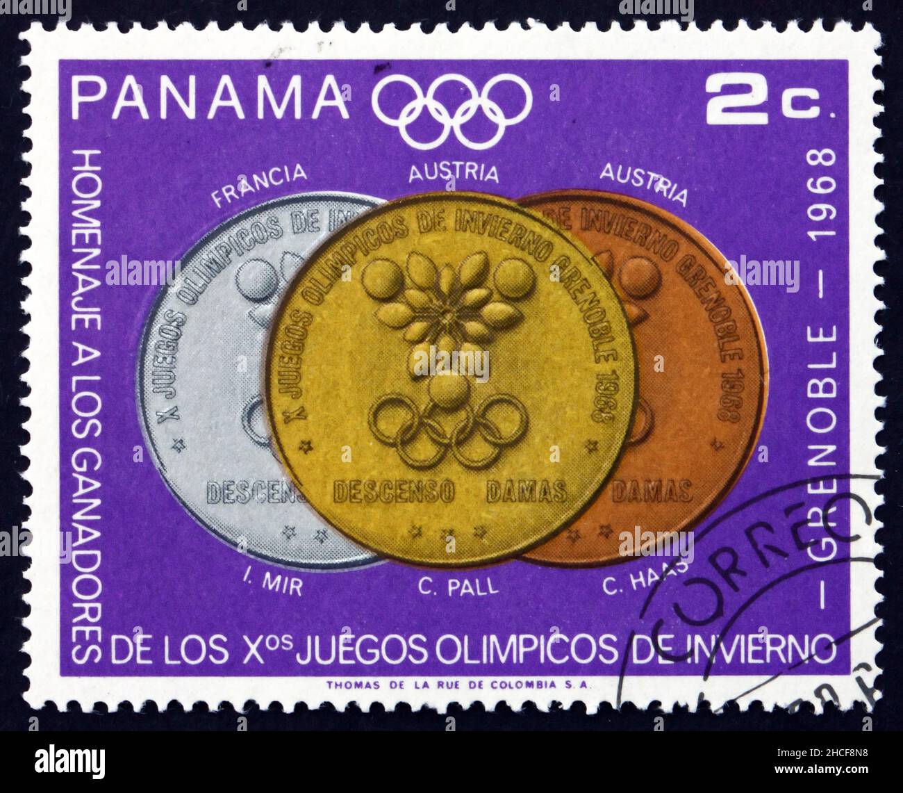 PANAMA - CIRCA 1968: Un francobollo stampato a Panama mostra la discesa delle donne, Medaglie olimpiche e vincitori, Grenoble, circa 1968 Foto Stock
