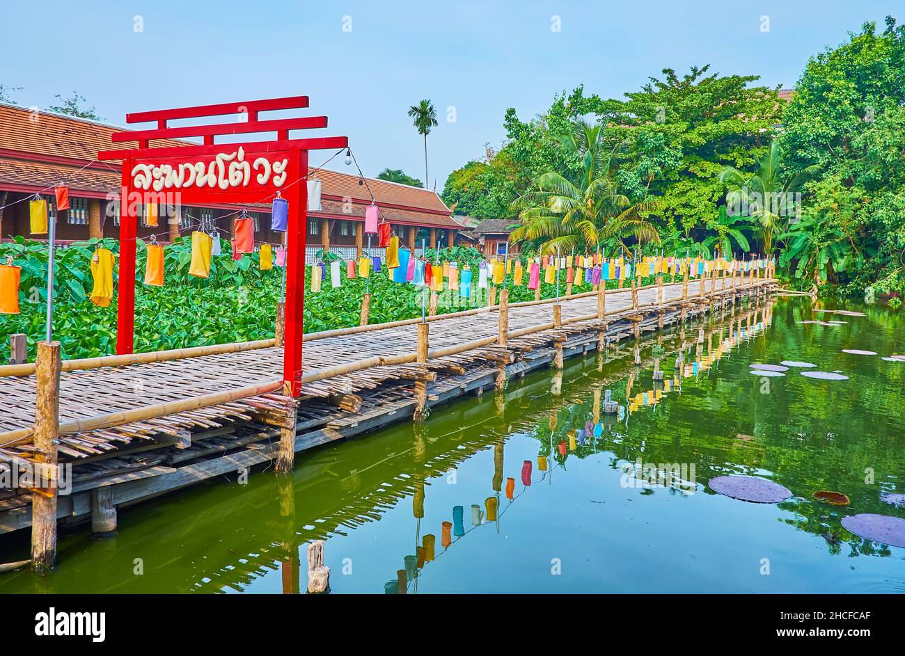 Il cancello rosso decorativo di legno e passerella di bambù su stagno con fiori di loto e le piazzole di giglio nel parco di Wat Chetlin (Jedlin, Jetlin) tempio, Chiang mai, Foto Stock