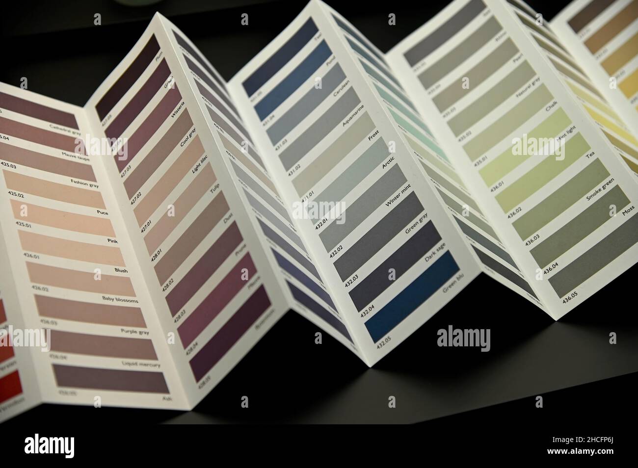 Scheda della tavolozza dei colori pieghevole isolata su sfondo nero Foto Stock