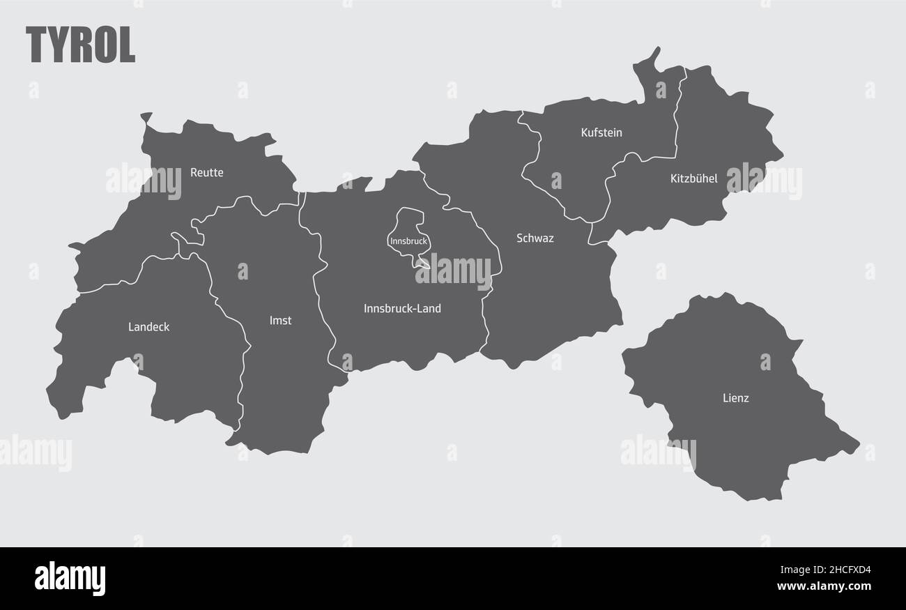 Mappa amministrativa dello stato del Tirolo. Mappa isolata con etichette, Austria. Illustrazione Vettoriale