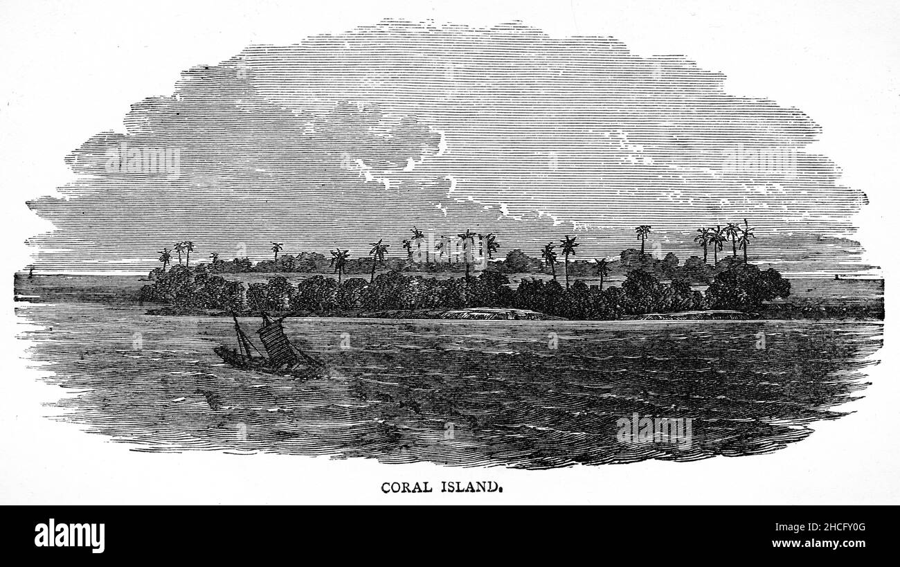 Vista di un'isola corallina nel Pacifico, tipica di quelle viste durante le spedizioni di esplorazione di Cook alla fine del 1700s, pubblicato circa 1900 Foto Stock